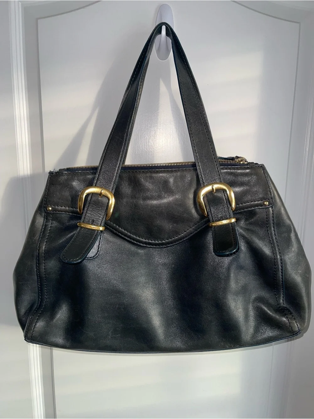 Vintage Michael Kors Anniversary Teal Blue Green Leather Tote Bag Gold Y2K